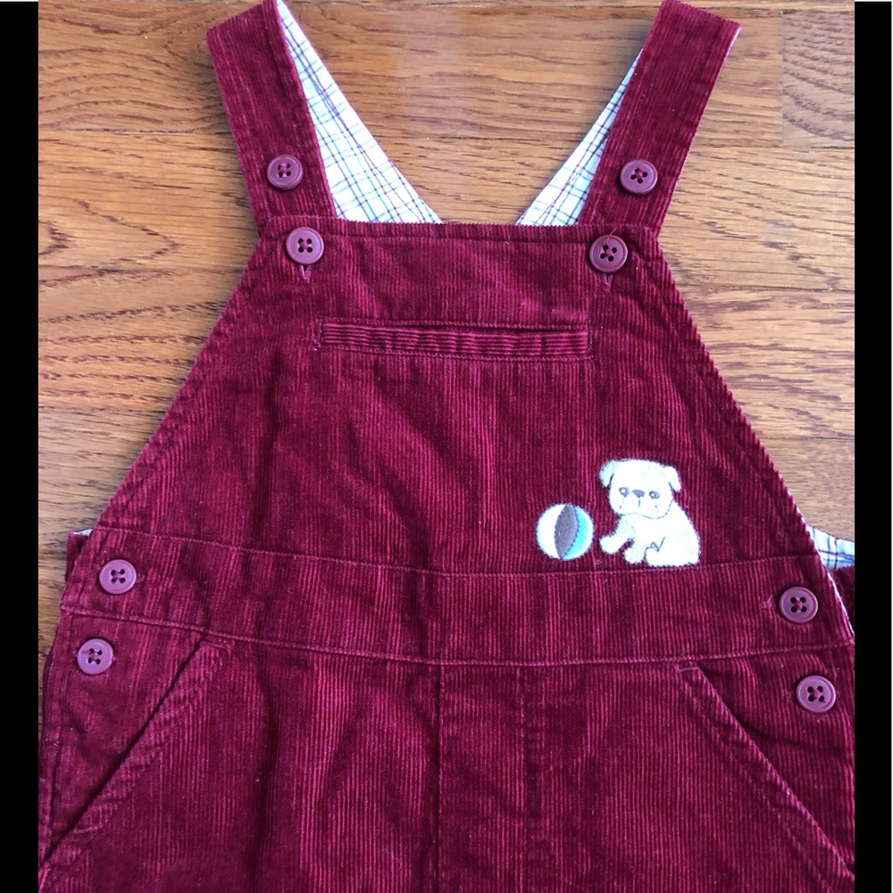 Vintage Gymboree 12-18 M burgundy dog overalls
